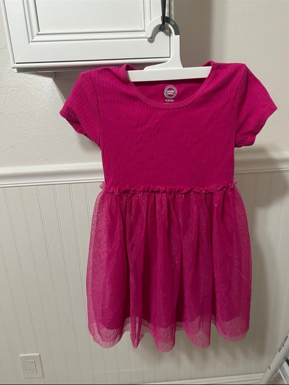 wonder nation Fuchsia Ribbed Short Sleeve Dress with Sparkle Tulle Skirt